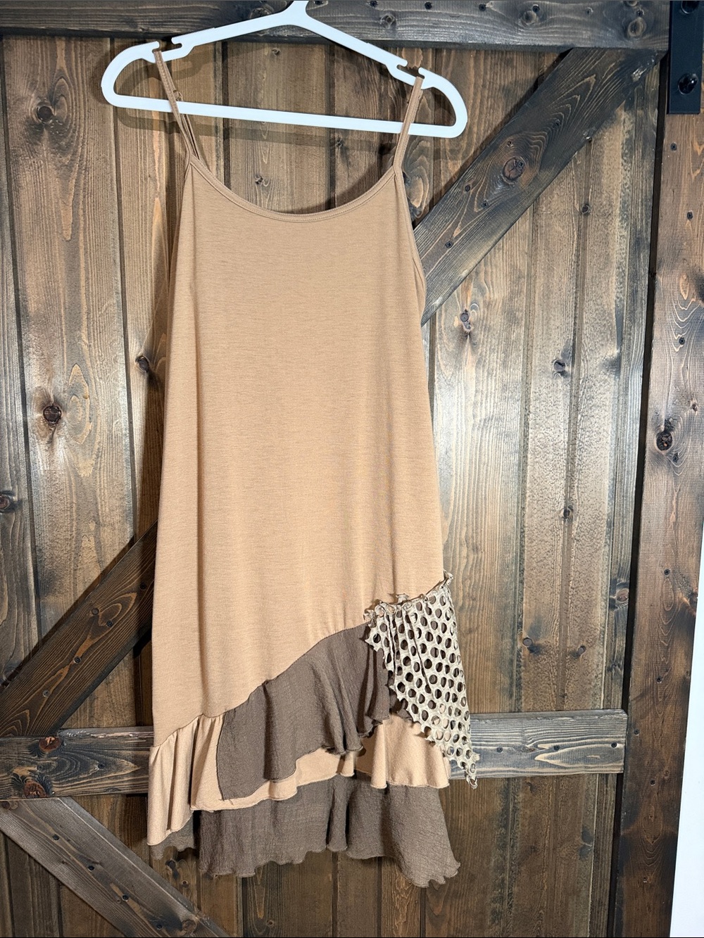 Pretty Angel Tan Spaghetti Strap Ruffle Mini Dress